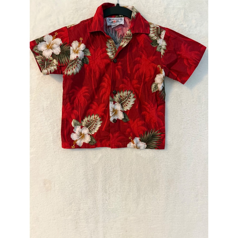 Pacific Legend Boys 4T Hawaiian Shirt Red Tropical Hibiscus Floral Aloha Cotton